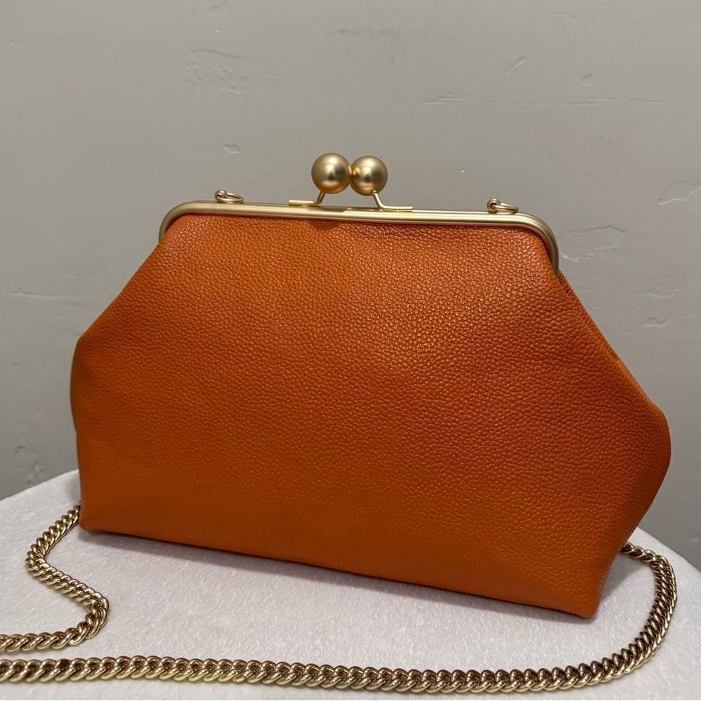 Orange Pebble Leather Handmade Vintage Style Extra Large Kisslock Frame Bag - Picture 4 of 16